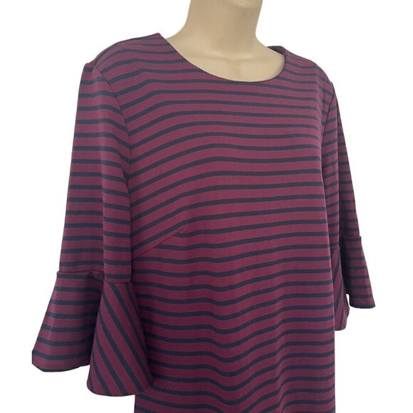 Banana Republic Woman's Sz 12 Burgundy & Blue Stripe Knit Bell Sleeve Dress NWT - Picture 2 of 9